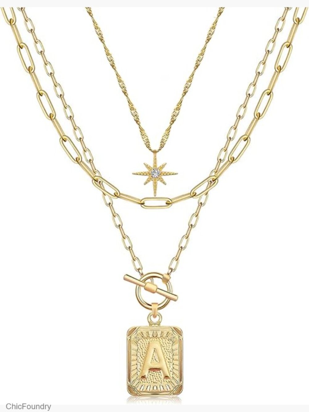 Layered Initial Necklace Set 3 Pcs 14K Gold Plated Paperclip Choker